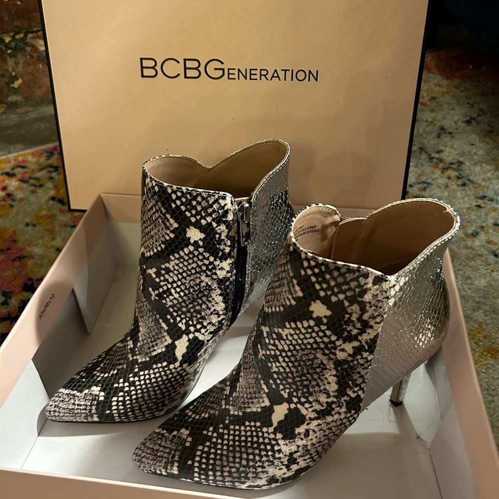 BCBG Stiletto Boots in Box with metallic snakeskin design